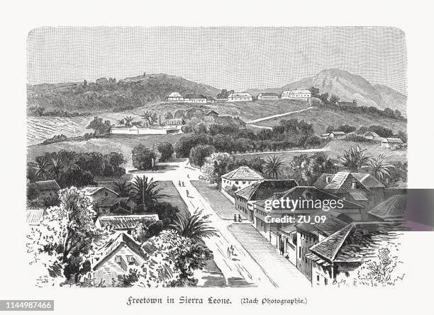 ilustraciones, imágenes clip art, dibujos animados e iconos de stock de vista histórica de freetown en sierra leona, woodcut, publicado 1897 - freetown