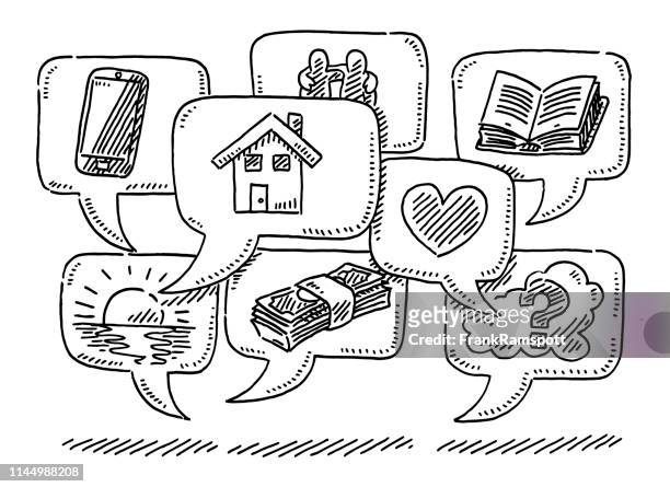 group of speech bubbles with icons drawing - cartoon house stock illustrations