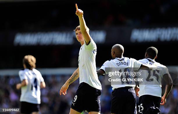 Tottenham Hotspur's Russian striker Roman Pavlyuchenko celebrates scoring his first goal during the English Premier League football match between...