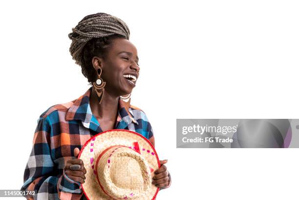 afro young woman wearing traditional junina costume isolated in white background - june festival stock pictures, royalty-free photos & images