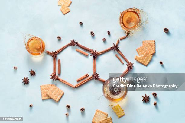 Serotonin molecule made out of cinnamon and teacups with splashes. Creative drink flat lay with the hormone of joy.