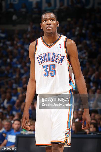 Oklahoma City Thunder small forward Kevin Durant looks on during a play against the Dallas Mavericks during Game Three of the Western Conference...