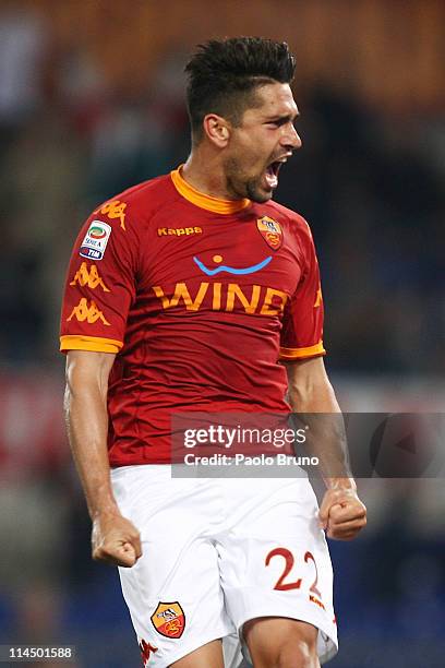 Marco Borriello of AS Roma celebrates after scoring the third goal for his team during the Serie A match between AS Roma and UC Sampdoria at Stadio...