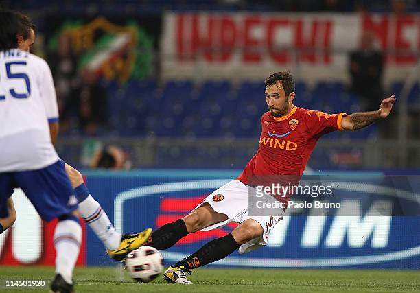 Mirko Vucinic of AS Roma scores the second goal for his team during the Serie A match between AS Roma and UC Sampdoria at Stadio Olimpico on May 22,...