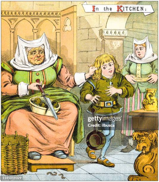 illustrations, cliparts, dessins animés et icônes de illustration antique de fables livre d’images: dick whitle et son chat - mamie cuisine