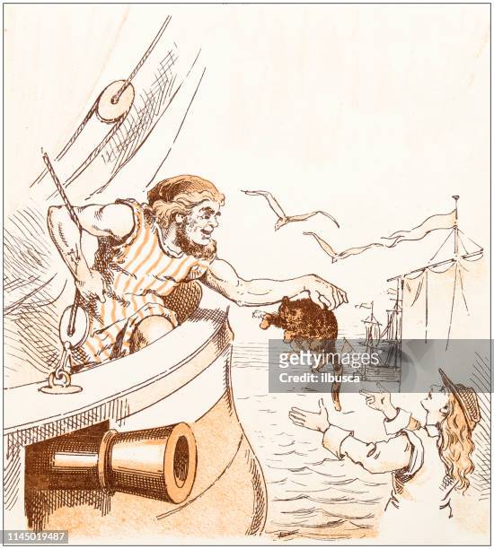 antique illustration from fables picture book: dick whittington and his cat - pirate painting stock illustrations