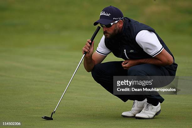 Francois Delamontagne of Fance lines up a putt on the 16th hole during the final day of the Madeira Islands Open on May 22, 2011 in Porto Santo...