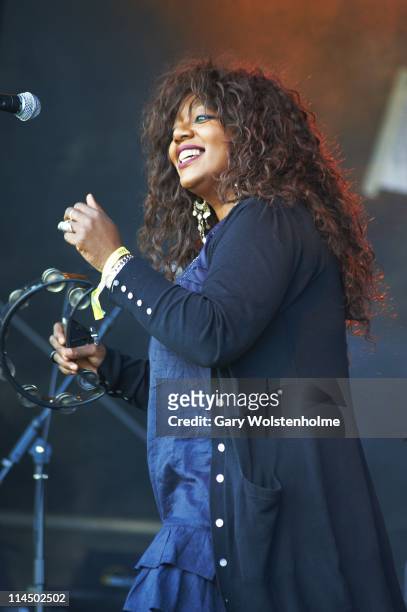 Denise Johnson performs on stage with A Certain Ratio during the third day of FOM Fest at Capesthorne Hall on May 22, 2011 in Macclesfield, United...