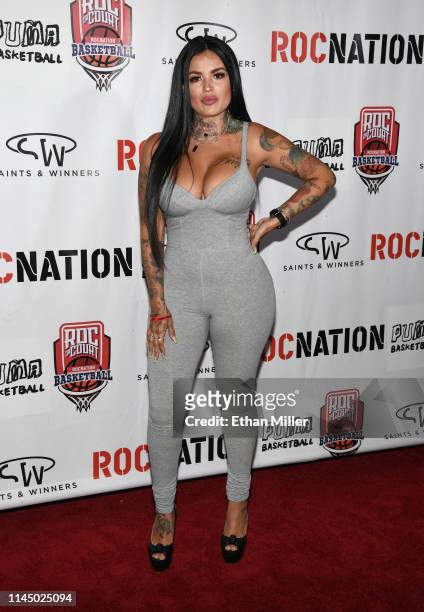 Katherine "Tatu Baby" Flores arrives at Roc Nation's Roc da Court all-star basketball game benefiting the Boys & Girls Clubs of Southern Nevada at...