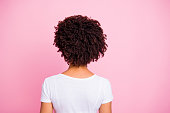 Close-up rear back behind view portrait of her she nice-looking well-groomed attractive wavy-haired girl after salon procedure isolated over pink pastel background