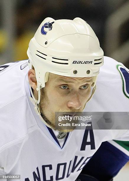 Sami Salo of the Vancouver Canucks waits for a face off during their game against the San Jose Sharks in Game Four of the Western Conference Finals...