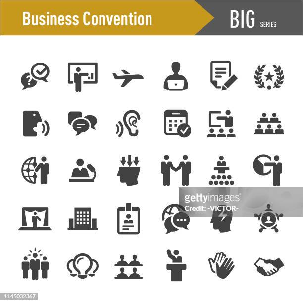 ilustraciones, imágenes clip art, dibujos animados e iconos de stock de iconos de convenciones de negocios-serie grande - seminario reunión