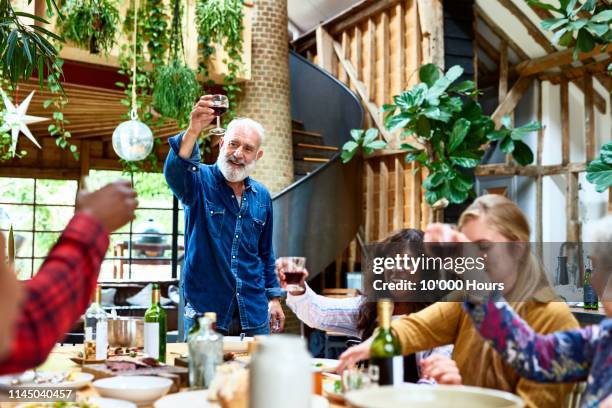cheerful man raising glass to make a toast with friends - hythe stock-fotos und bilder