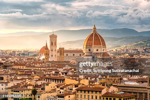 Beautiful sunset cityscape view of the Santa maria nouvelle Duomo and the town of Florence, in the Italian Tuscany. Beautiful sunset cityscape view of the Santa maria nouvelle Duomo and the town of Florence, in the Italian Tuscany.