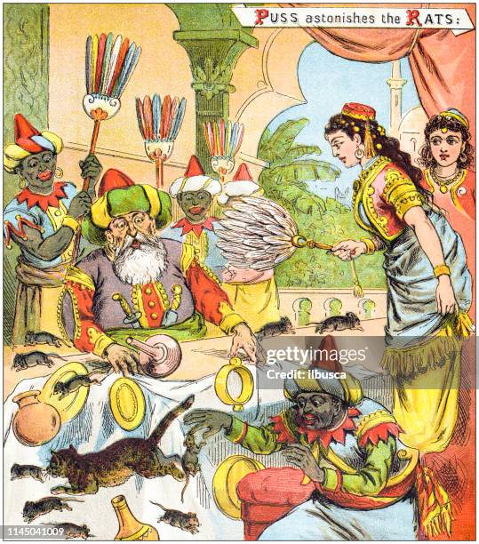 ilustraciones, imágenes clip art, dibujos animados e iconos de stock de ilustración antigua de fábulas libro de imágenes: dick whittington y su gato - dick whittington and his cat