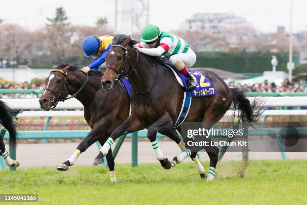 Jockey Christophe Lemaire riding Saturnalia wins the Satsuki Sho at Nakayama Racecourse on April 14, 2019 in Funabashi, Japan. It is the first leg of...