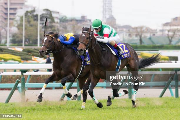 Jockey Christophe Lemaire riding Saturnalia wins the Satsuki Sho at Nakayama Racecourse on April 14, 2019 in Funabashi, Japan. It is the first leg of...