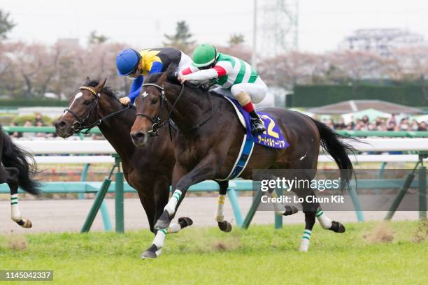 Jockey Christophe Lemaire riding Saturnalia wins the Satsuki Sho at Nakayama Racecourse on April 14, 2019 in Funabashi, Japan. It is the first leg of...