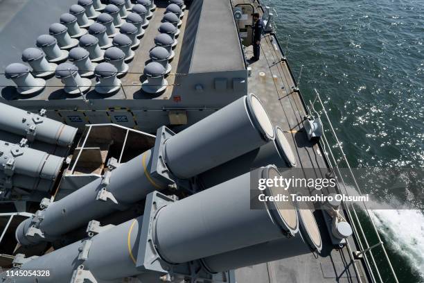 Harpoon missile lunchers are seen on board British Royal Navy's HMS Montrose frigate as it sails to a joint exercise with Japanese Maritime...