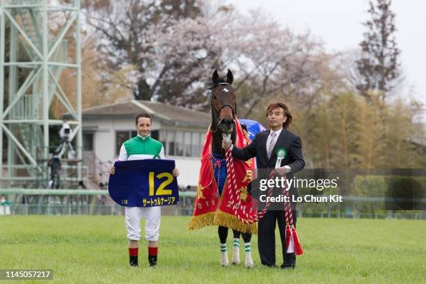 Jockey Christophe Lemaire celebrates after Saturnalia winning the Satsuki Sho at Nakayama Racecourse on April 14, 2019 in Funabashi, Japan. It is the...