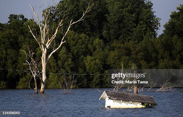 Flooded structure sits in the Yazoo River floodwaters near Yazoo City May 22, 2011 in Yazoo County, Mississippi. The Yazoo River floodwaters are...