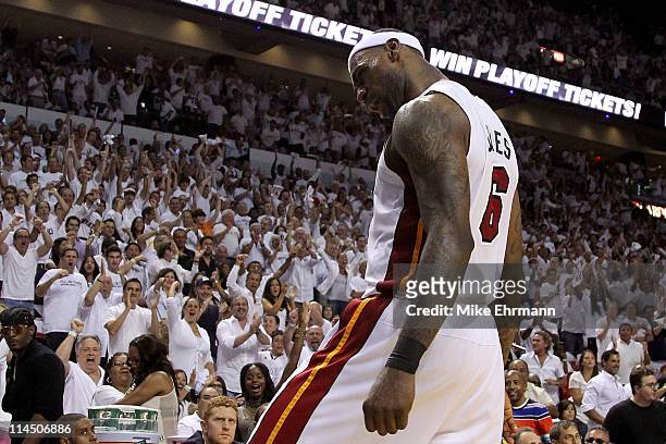 LeBron James of the Miami Heat reacts in the fourth quarter against the Chicago Bulls in Game Three of the Eastern Conference Finals during the 2011...