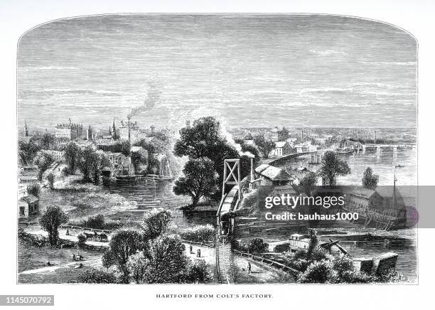 hartford from colt’s factory, connecticut river, valley of the connecticut, connecticut, united states, american victorian engraving, 1872 - hartford stock illustrations