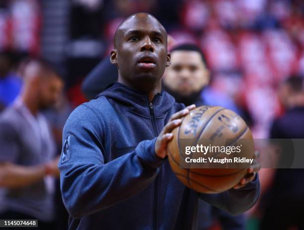 Jodie Meeks of the Toronto Raptors shoots the ball during warm up, prior to Game Five of the first round of the 2019 NBA Playoffs against the Orlando...