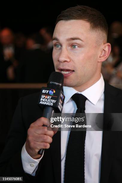 Carl Frampton speaks with the media ahead of the BT Sport Industry Awards 2019 at Battersea Evolution on April 25, 2019 in London, England. The BT...