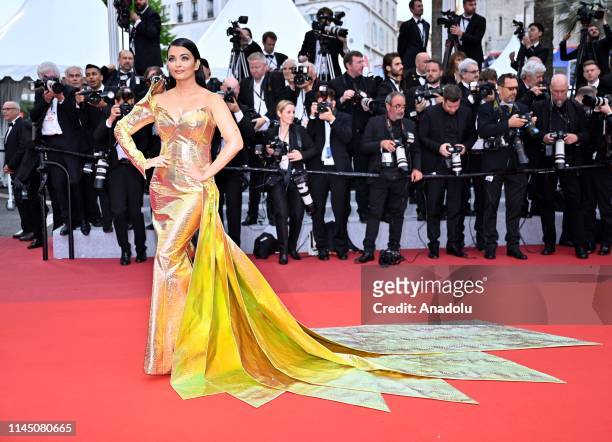 Indian actress Aishwarya Rai arrives for the screening of the film 'A Hidden Life' at the 72nd annual Cannes Film Festival in Cannes, France on May...