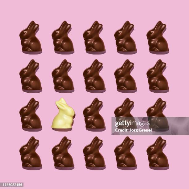 white chocolate easter bunny among dark ones - chocolate bunny stock-fotos und bilder