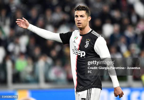 Cristiano Ronaldo of Juventus gestures during the Serie A match between Juventus and Atalanta BC on May 19, 2019 in Turin, Italy.