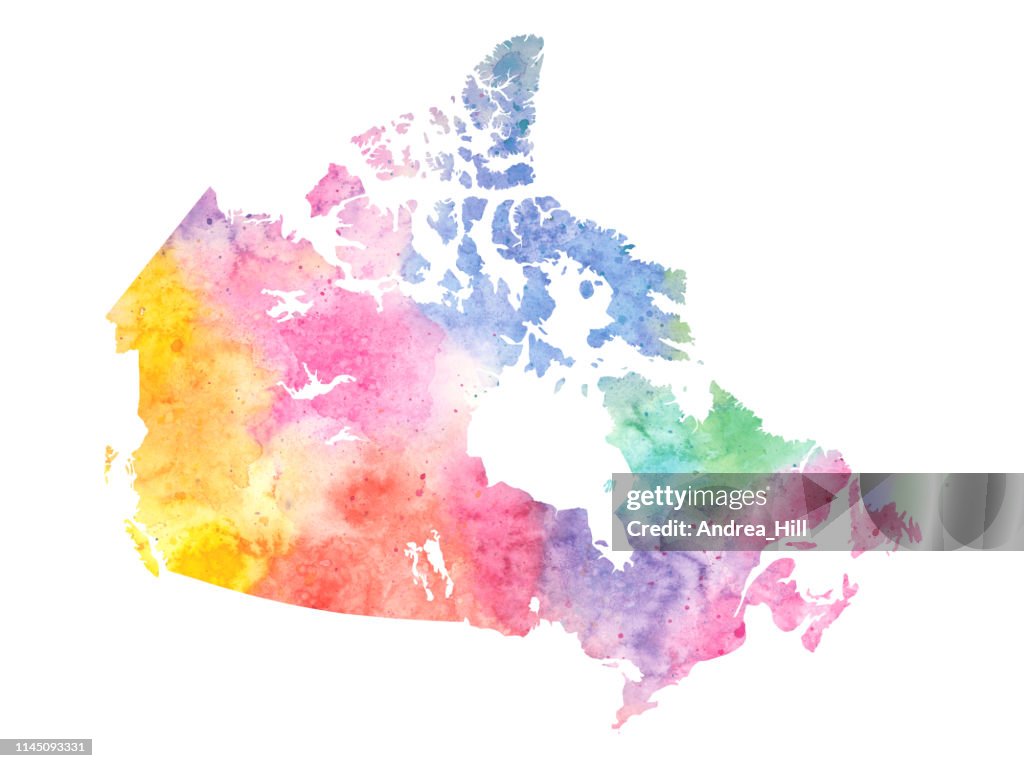Subtle Canadian Map Canada Watercolor Raster Map Illustration In Pastel Rainbow Colours ...