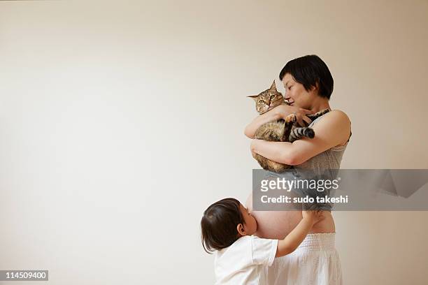 child a kiss on the belly of a pregnant woman - cat studio stock pictures, royalty-free photos & images