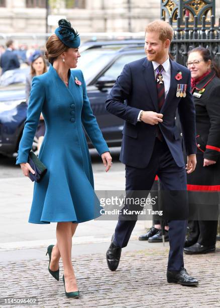 Catherine, Duchess of Cambridge and Prince Harry, Duke of Sussex attend the ANZAC Day Service of Commemoration and Thanksgiving at Westminster Abbey...