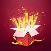 WIN gold text flies out of the red gift box. Isolated open textured red box with confetti explosion inside and golden win word. Flying particles from giftbox vector illustration on red background.