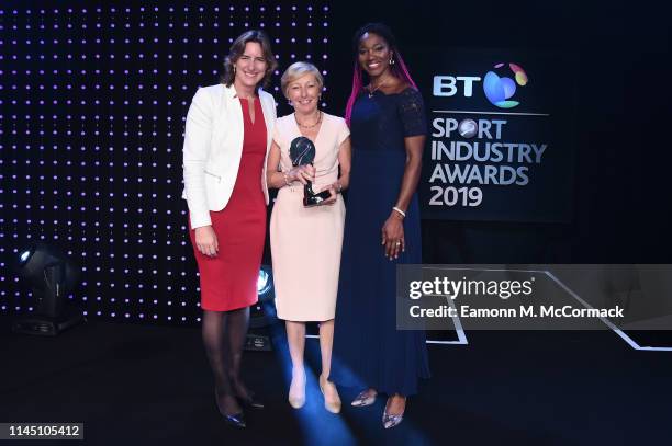 Dame Katherine Grainger and Ama Agbeze present the Coutts Lifetime Achievement Award to Liz Nicholl CBE during the BT Sport Industry Awards 2019 at...