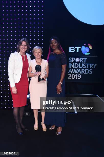 Dame Katherine Grainger and Ama Agbeze present the Coutts Lifetime Achievement Award to Liz Nicholl CBE during the BT Sport Industry Awards 2019 at...