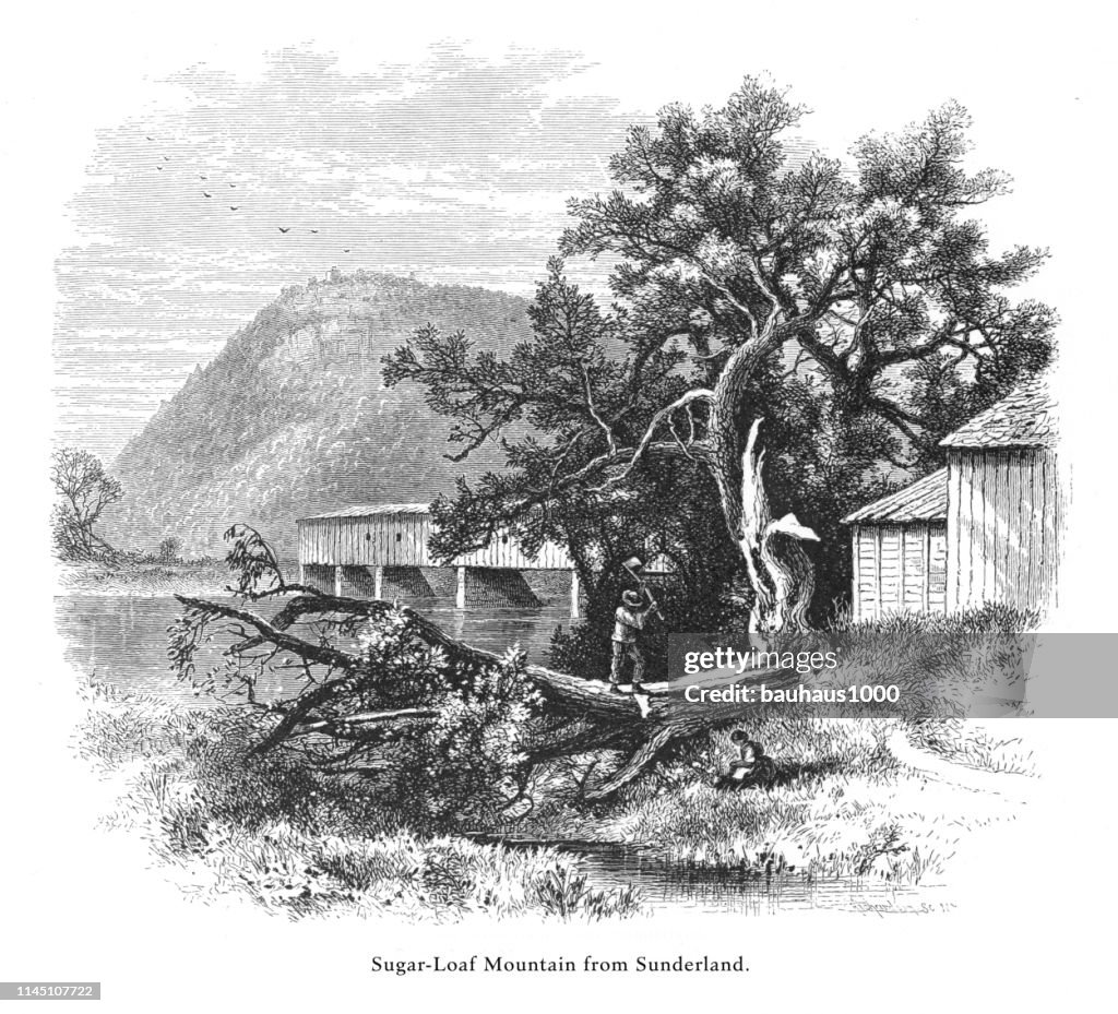 Sugarloaf Mountain from Sunderland, Connecticut River, Valley of the Connecticut, Massachusetts, United States, American Victorian Engraving, 1872