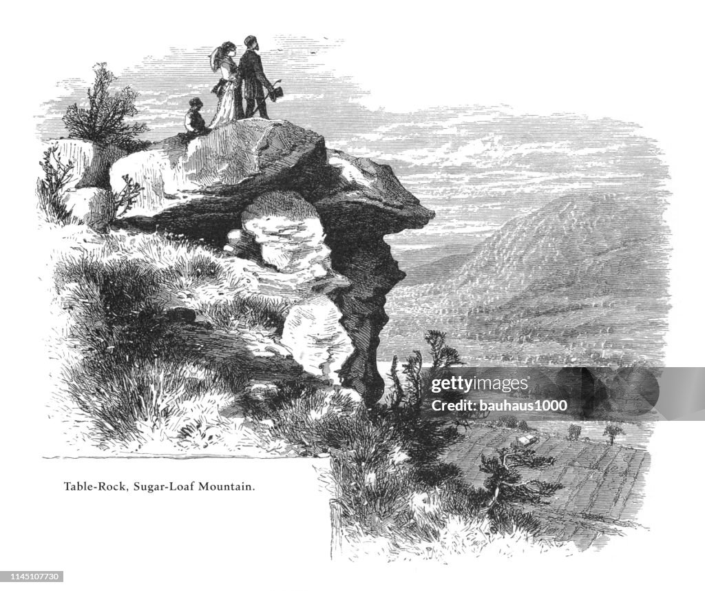Table Rock, Sugarloaf Mountain, Connecticut River, Valley of the Connecticut, Massachusetts, United States, American Victorian Engraving, 1872