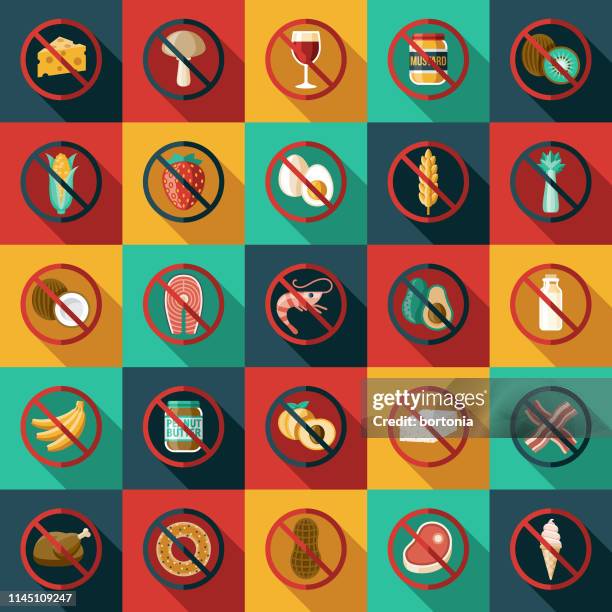 illustrazioni stock, clip art, cartoni animati e icone di tendenza di set di icone allergie e sensibilità alimentari - allergia