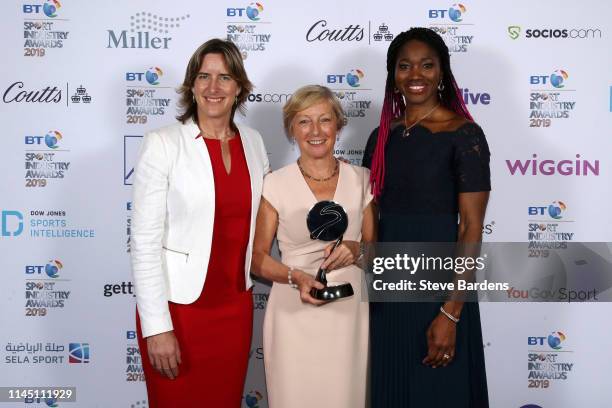 Dame Katherine Grainger and Ama Agbeze pose for a photo with the recipient of the Coutts Lifetime Achievement Award, Liz Nicholl CBE during the BT...