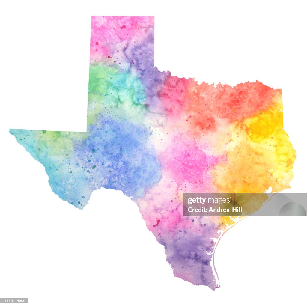 Texas Colorful Texas Watercolor Raster Map Illustration In Pastel Colors High-Res ...