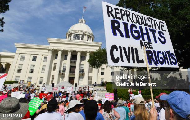 Protestors participate in a rally against one of the nation's most restrictive bans on abortions on May 19, 2019 in Montgomery, Alabama....