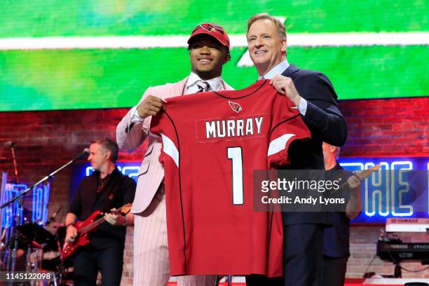 Kyler Murray Oklahoma poses with NFL Commissioner Roger Goodell after he was picked overall by the Arizona Cardinals during the first round of the...