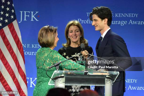 Speaker Nancy Pelosi receives the 2019 Profile in Courage Award from Caroline Kennedy and Jack Schlossberg at The John F. Kennedy Presidential...