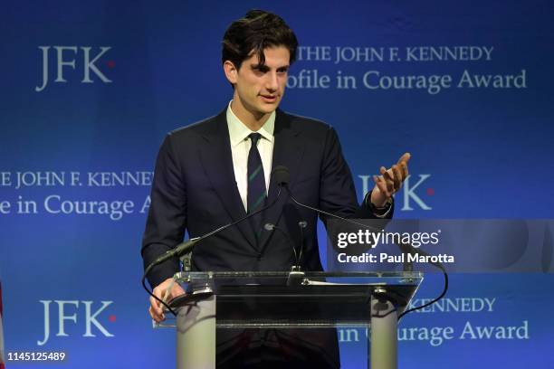 Jack Schlossberg introduces Speaker Nancy Pelosi who received the 2019 Profile in Courage Award at The John F. Kennedy Presidential Library And...