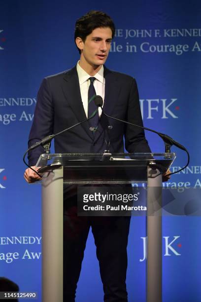 Jack Schlossberg introduces Speaker Nancy Pelosi who received the 2019 Profile in Courage Award at The John F. Kennedy Presidential Library And...