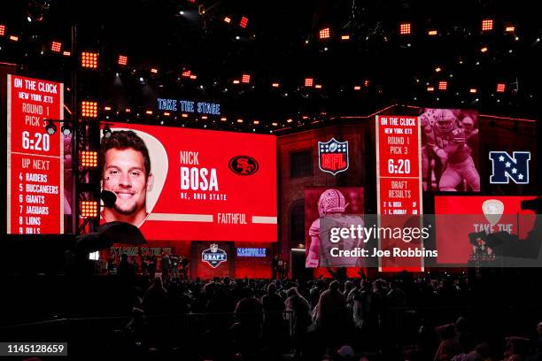 Nick Bosa of Ohio State is announced as the second overall pick in the first round of the NFL Draft by the San Francisco 49ers on April 25, 2019 in...