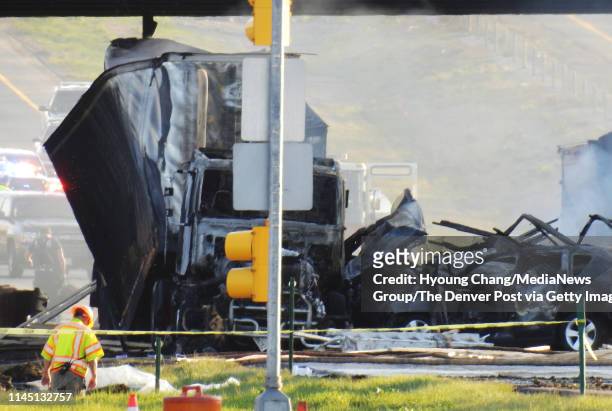 Lakewood, CO One person dead in fiery crash on I-70 near Colorado Mills Parkway that shut down highway in both directions. April 25, 2019.